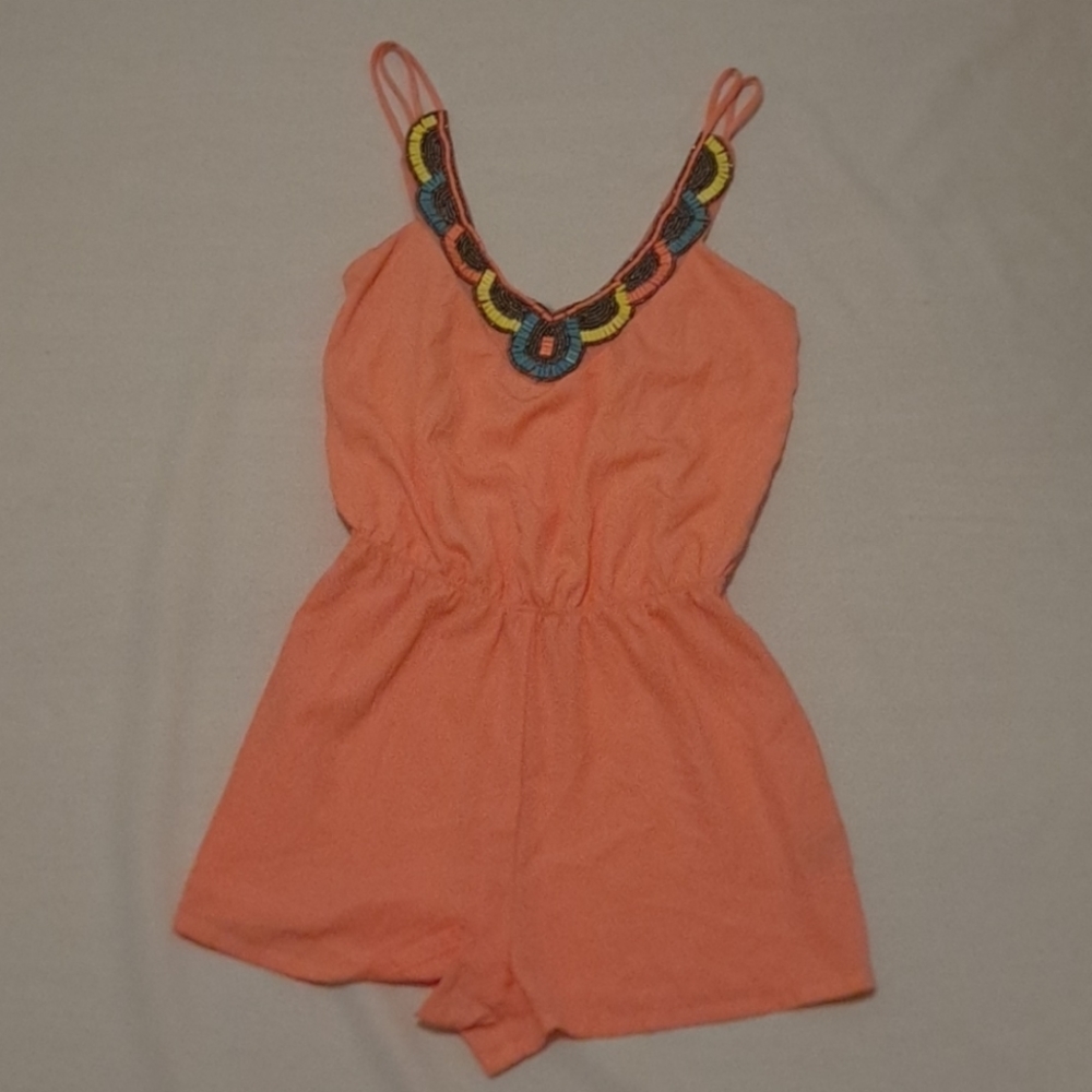 Beaded Peach V-neck Bohemian Beach Summer Festival Romper